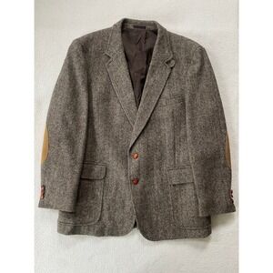 Vtg 80s College Hall Mens Med Blazer Brown Herringbone Tweed Wool Elbow Patches